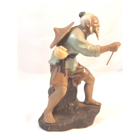 Vintage Chinese Shiwan Artistic Ceramic Mudman Fisherman Glazed Figurine 8" tall - Picture 5 of 10